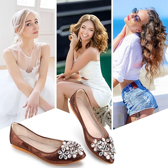 Braune Ballerinas mit Strasssteinen, Damenmode, elegantes Design, bequem, vielseitig.