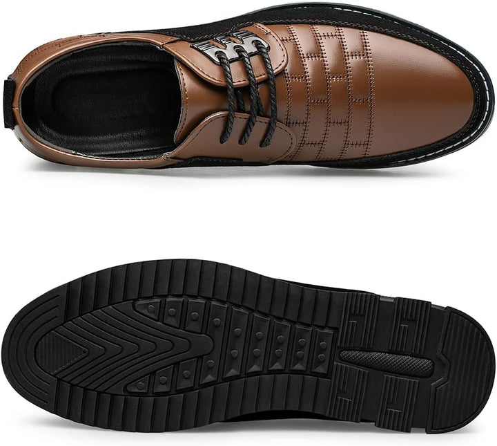 Brauner Herrenschuh aus Leder mit schwarzer Sohle, elegantes Design, Schnürsenkel, rutschfest.
