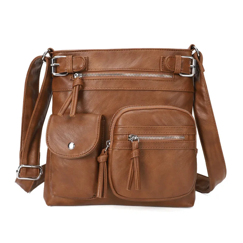 Braune Damen-Crossbody-Tasche aus PU-Leder, multifunktional, mit mehreren Fächern.