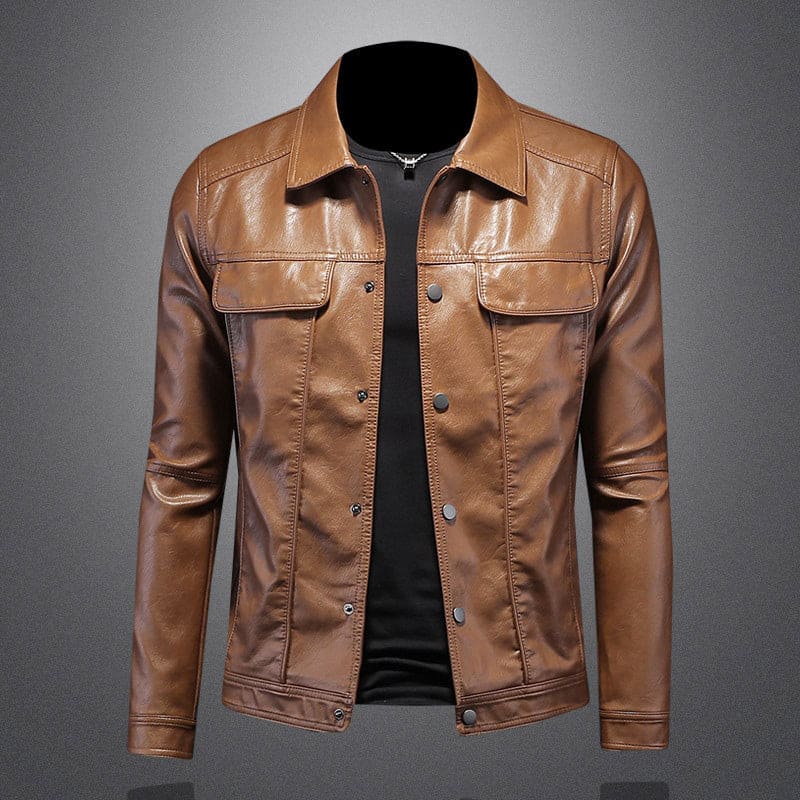 Braune Leder-Bikerjacke für Herren, klassisches Design, Knopfleiste, modisch und robust.