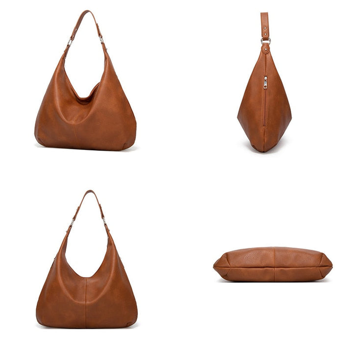 Braune Lederhandtasche, Hobo-Stil, Damenmode, vielseitig, elegant, hochwertig, Accessoire.