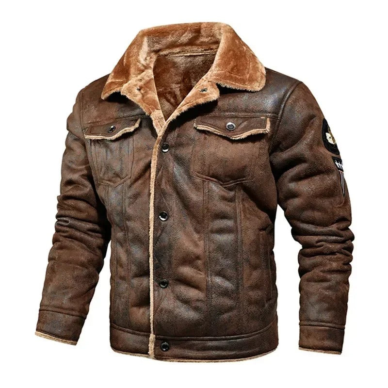 Braune Herren-Lederjacke mit Fellkragen, modisch, warm, ideal für Herbst und Winter.