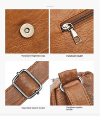 Braune Ledertasche Details: Magnetverschluss, Reißverschluss, verstellbare Schnalle, quadratische Schnalle.