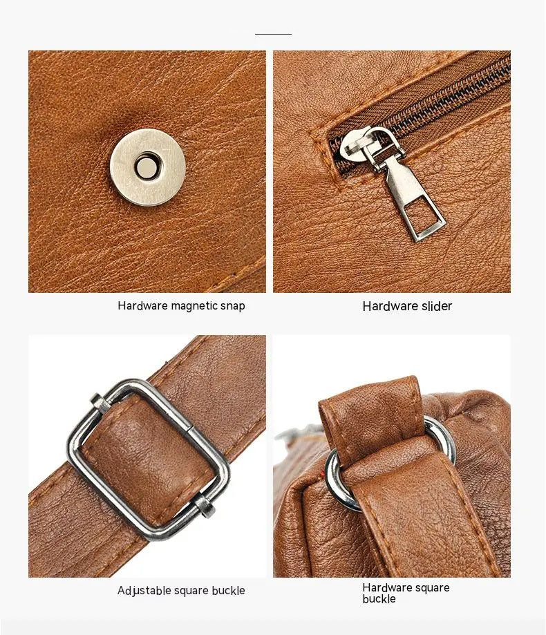 Braune Ledertasche Details: Magnetverschluss, Reißverschluss, verstellbare Schnalle, quadratische Schnalle.