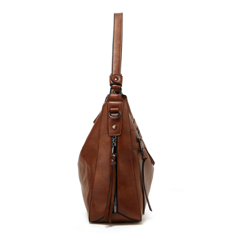 Braune Ledertasche mit Reißverschluss, seitliche Ansicht, modisch, Damenhandtasche, elegant.