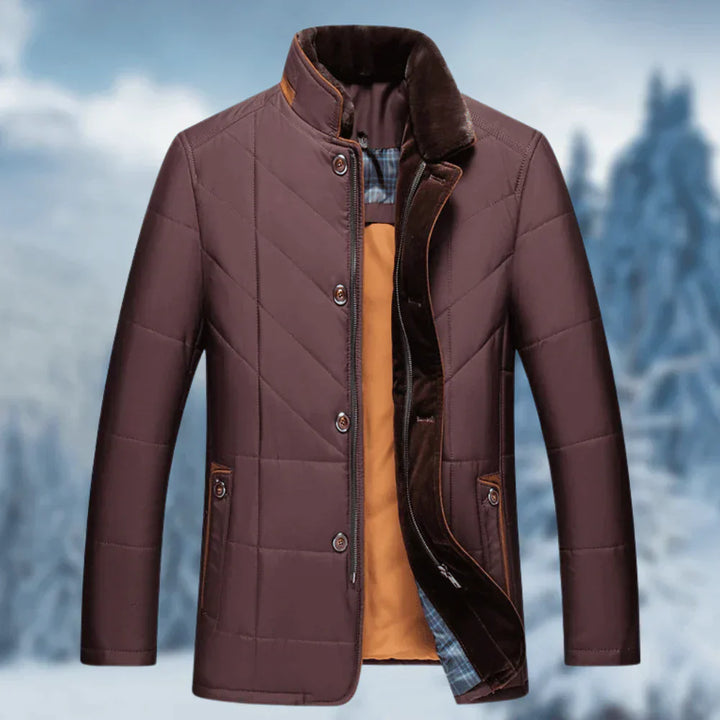 Braune Herrenjacke, gesteppte Winterjacke, warm, elegant, mit Knöpfen, modisch, Outdoor-Bekleidung.