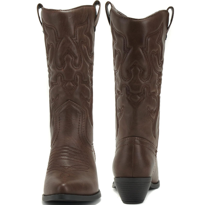 Braune Cowboy-Stiefel aus Leder, Westernstil, besticktes Design, Damenmode, Herbstschuhe.