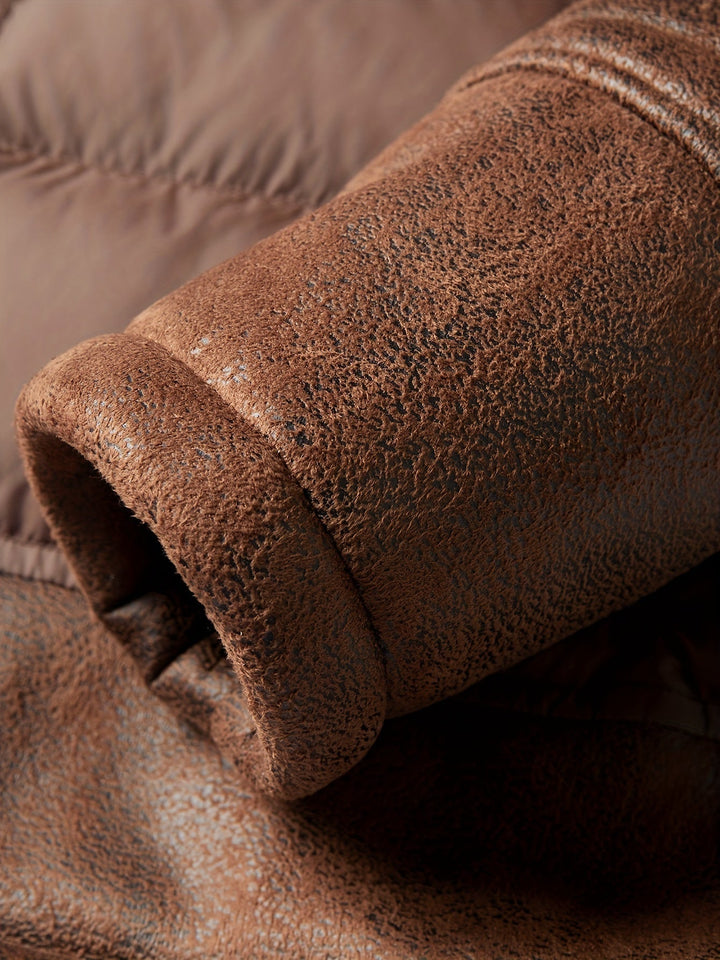 Braune Lederjacke Ärmel Detailansicht, Vintage-Look, hochwertige Textur, modisch, robust.