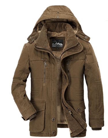 Braune Herren-Winterjacke mit Kapuze, Reißverschlusstaschen, warm gefüttert, Outdoor-Bekleidung.