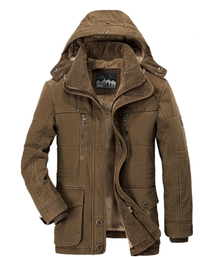 Braune Herren-Winterjacke mit Kapuze, Reißverschlusstaschen, warm gefüttert, Outdoor-Bekleidung.