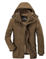 Braune Herren-Winterjacke mit Kapuze, Reißverschlusstaschen, warm gefüttert, Outdoor-Bekleidung.
