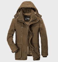 Braune Herren-Winterjacke mit Kapuze, Reißverschlusstaschen, warm gefüttert, Outdoor-Mode.