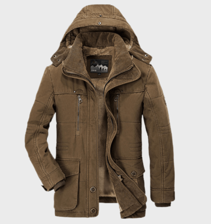 Braune Herren-Winterjacke mit Kapuze, Reißverschlusstaschen, warm gefüttert, Outdoor-Mode.