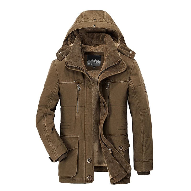 Braune Herren-Winterjacke mit Kapuze, Reißverschlusstaschen, warm gefüttert, Outdoor-Bekleidung.