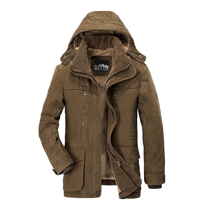 Braune Herren-Winterjacke mit Kapuze, Reißverschlusstaschen, warm gefüttert, Outdoor-Bekleidung.