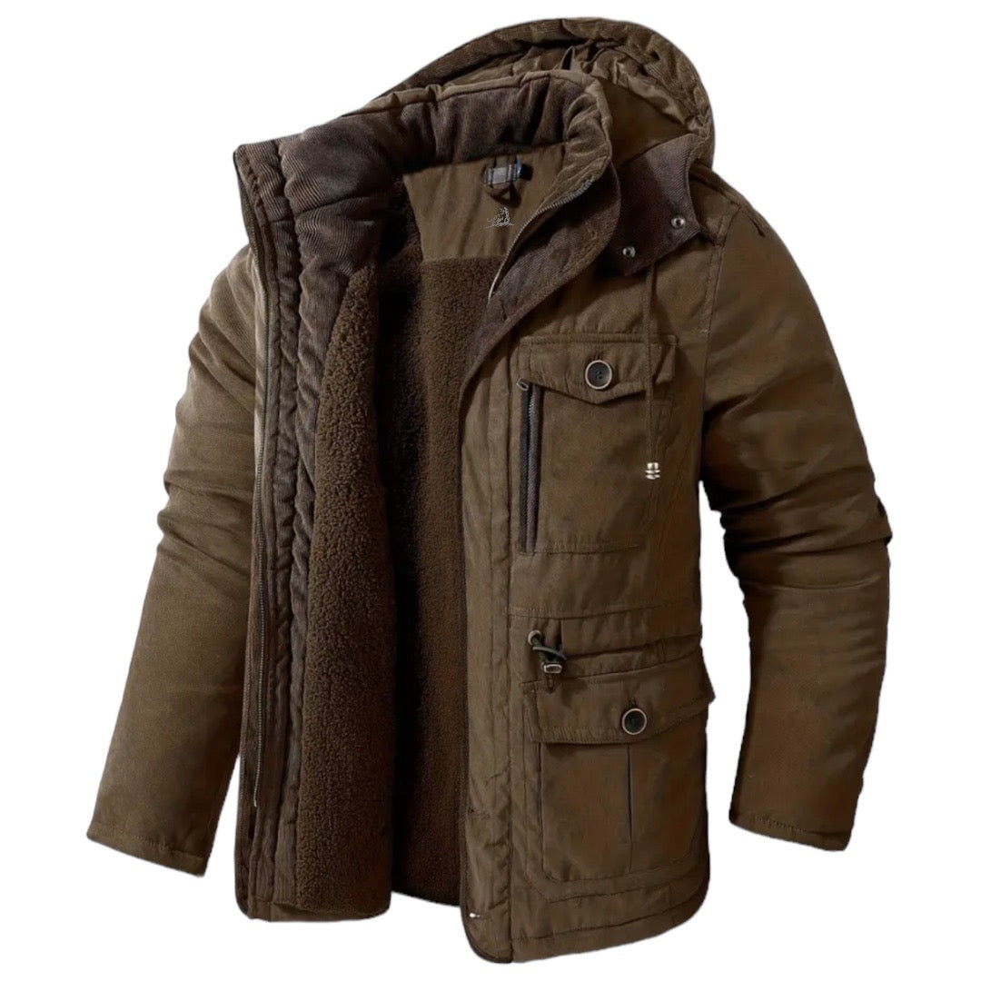 Braune Herren-Winterjacke mit Kapuze, warm gefüttert, ideal für Outdoor-Aktivitäten.