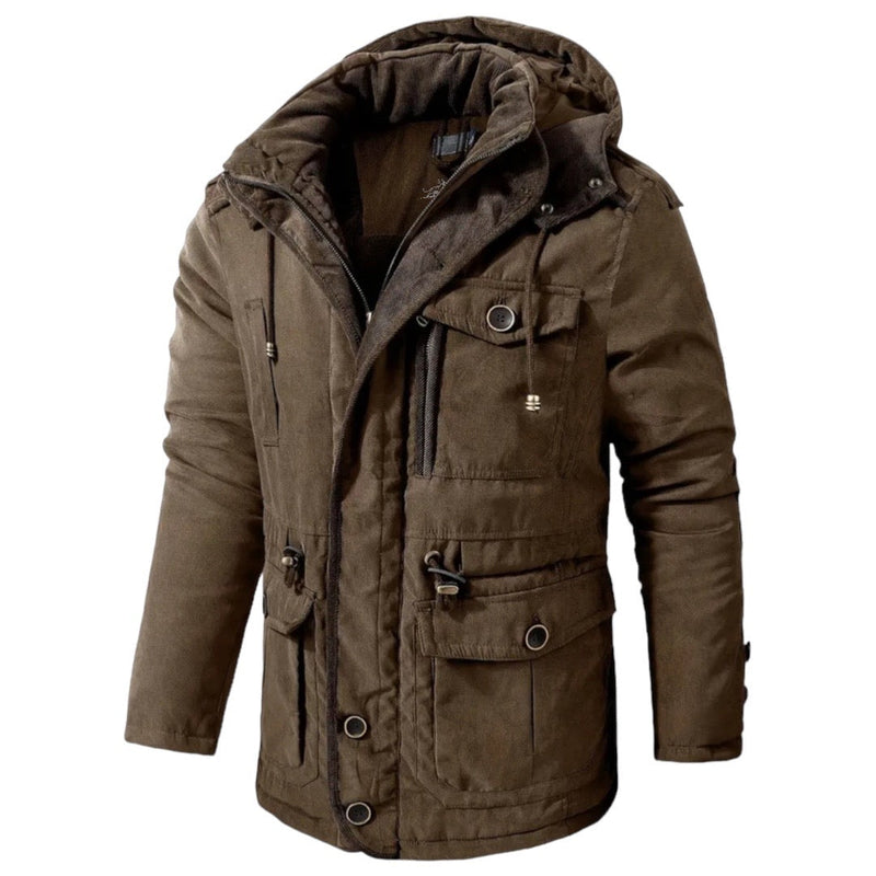 Braune Herren-Winterjacke mit Kapuze, warm, wasserabweisend, Outdoor, modisch, robust.