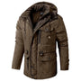 Braune Herren-Winterjacke mit Kapuze, warm, wasserabweisend, Outdoor, modisch, robust.
