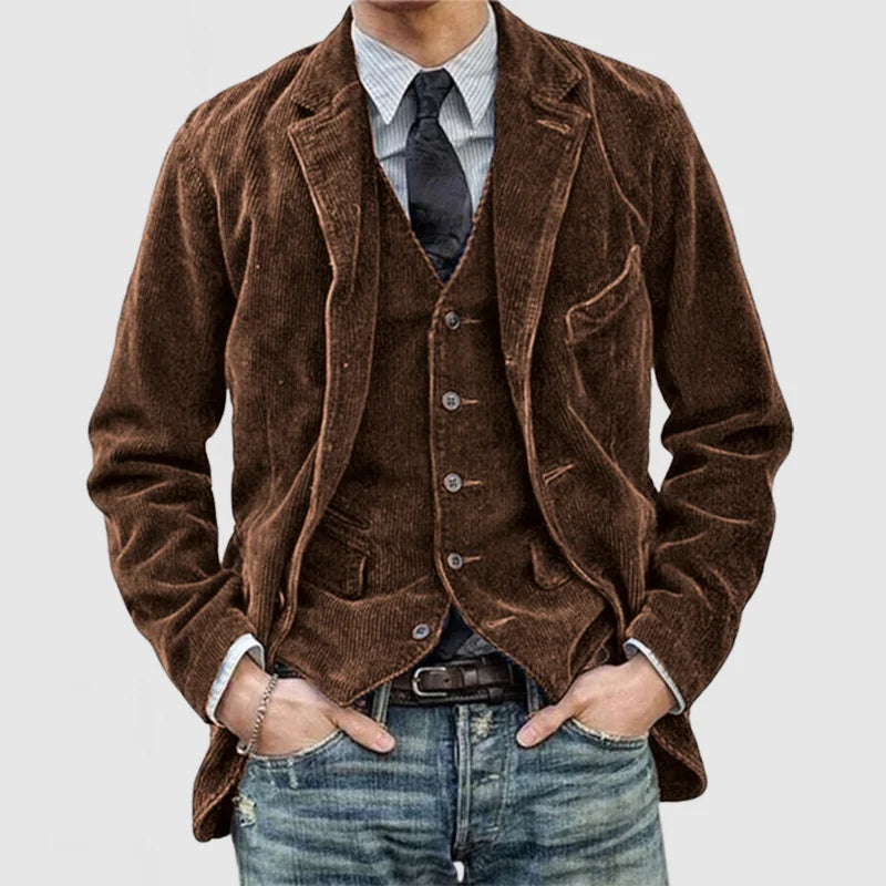 Brauner Cord-Blazer für Herren, dreiteilig, lässig, modisch, ideal für Herbstmode.
