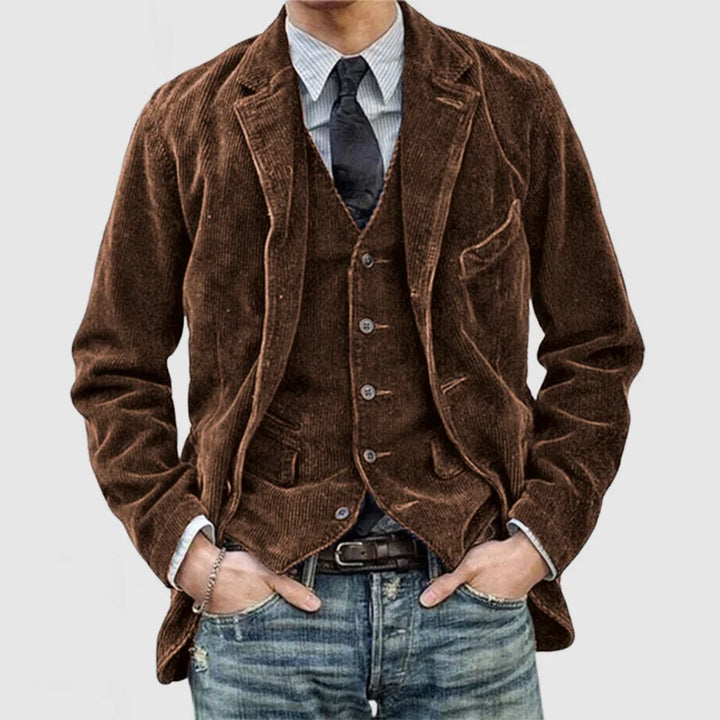 Brauner Cord-Blazer für Herren, dreiteilig, lässig, modisch, ideal für Herbstmode.