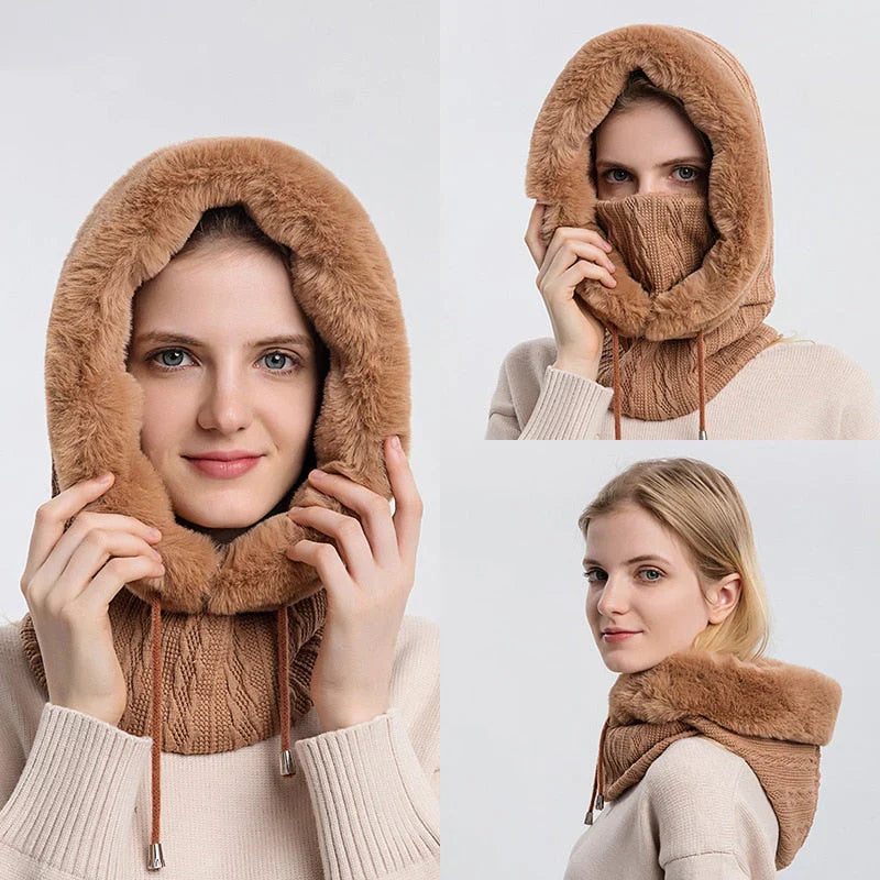 Damen Kapuzen-Schal aus Kunstpelz, braun, warm, modisch, Winteraccessoire, vielseitig.