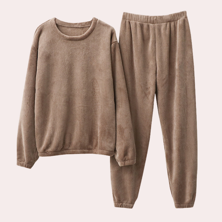 Braunes Fleece-Loungewear-Set für Damen, gemütlich, langärmelig, elastischer Bund.