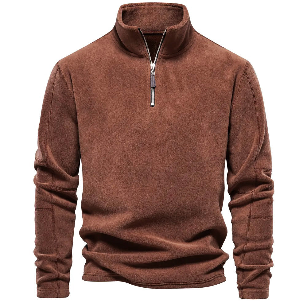 Brauner Fleece-Pullover mit Reißverschluss, Herrenmode, warm, bequem, Winterbekleidung.