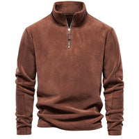 Brauner Fleece-Pullover mit Reißverschluss, Herrenmode, warm, bequem, Winterbekleidung.