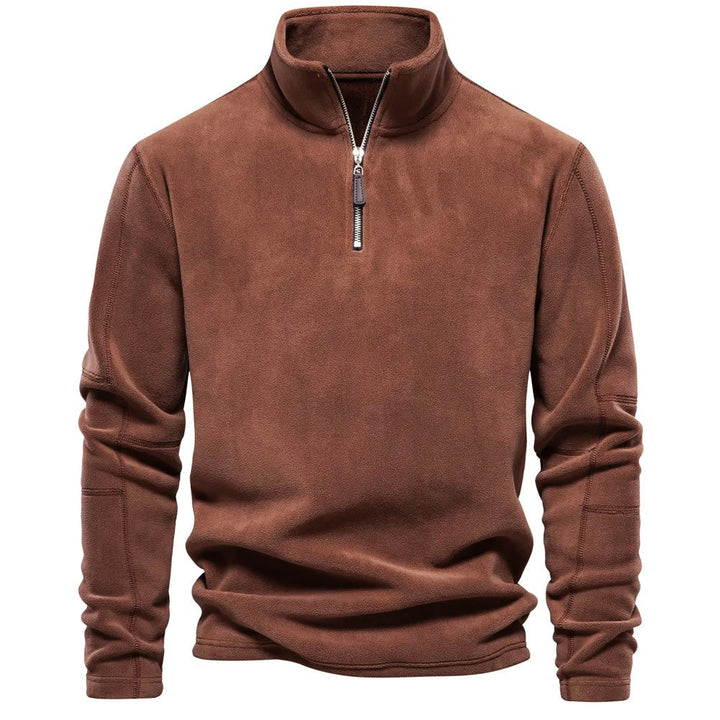 Brauner Fleece-Pullover mit Reißverschluss, Herrenmode, warm, bequem, Winterbekleidung.