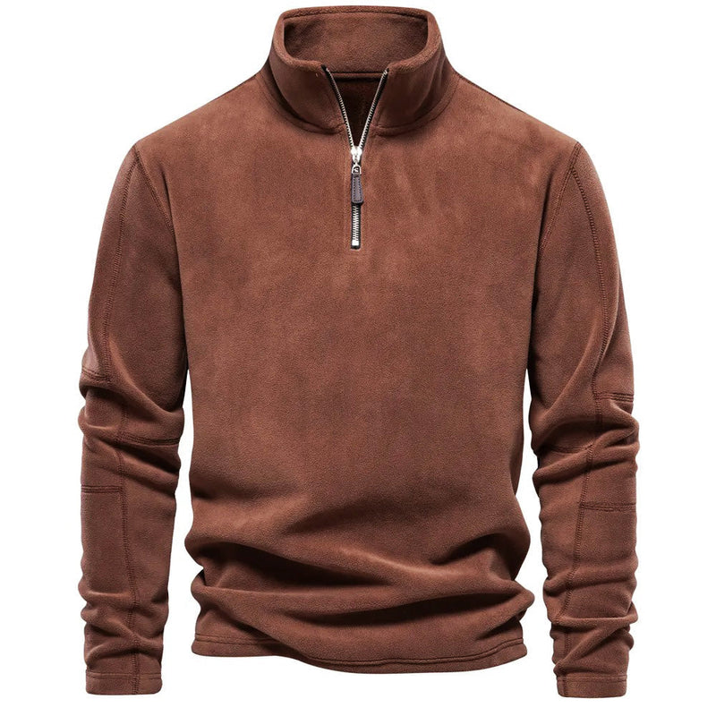 Brauner Fleece-Pullover mit Reißverschluss, Herrenmode, warm, bequem, Winterbekleidung.