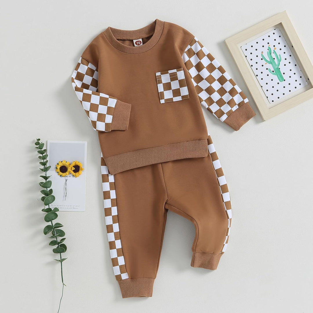 Brauner Baby-Sweatanzug mit Karomuster, Langarm, Baumwolle, modisch, bequem, Herbstkleidung.