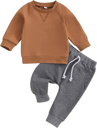 Braunes Baby-Sweatshirt und graue Jogginghose, Baumwolle, bequem, modisch, Herbstkleidung.