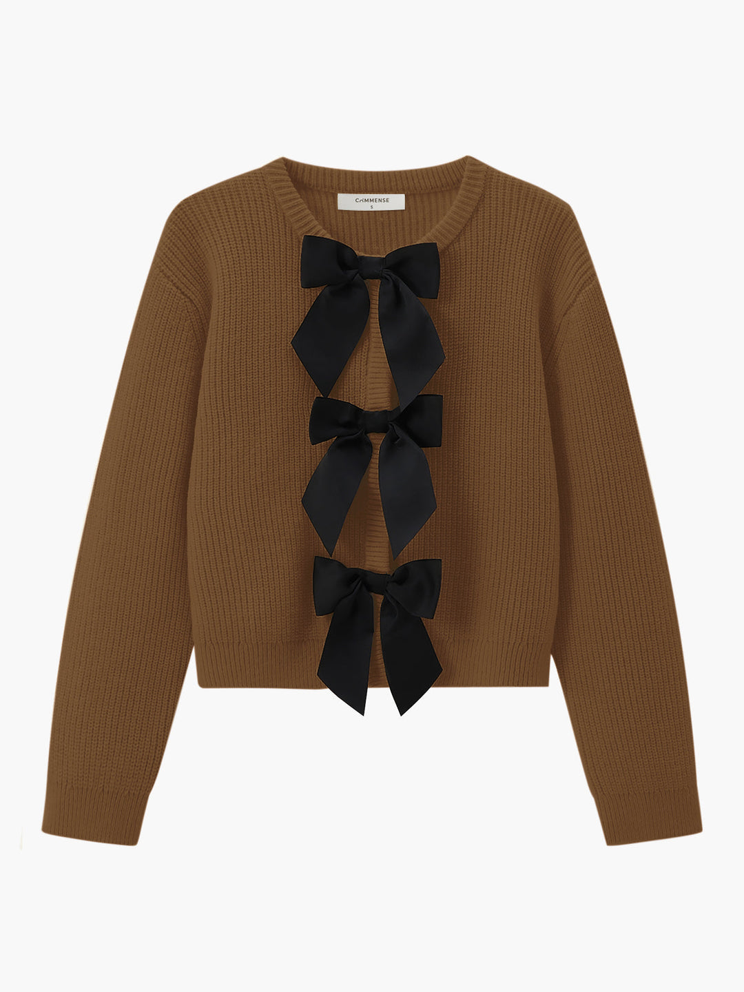 Brauner Strickpullover mit schwarzen Schleifen, Damenmode, Herbstkollektion, elegantes Design.