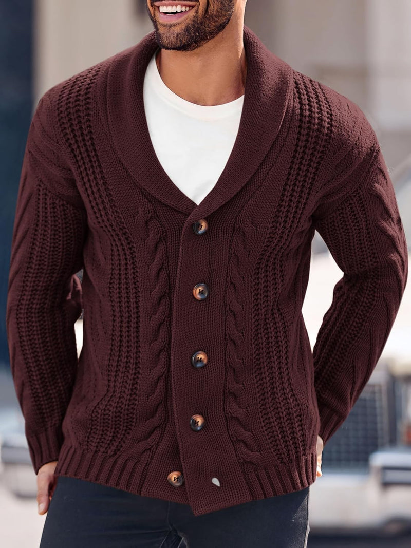 Brauner Strick-Cardigan mit Schalkragen, Knöpfen, Herrenmode, Winterbekleidung, gemütlich.