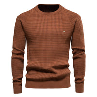 Brauner Herrenpullover, 100% Baumwolle, O-Ausschnitt, Wintermode, hochwertig, kariertes Muster.