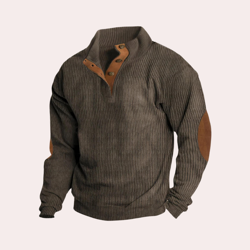 Brauner Herrenpullover mit Knopfleiste, Rippenmuster und Wildlederbesatz, modisch, warm.