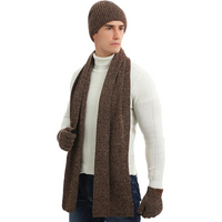 Mann mit braunem Strickschal, Mütze und Handschuhen, weißer Pullover, Wintermode.