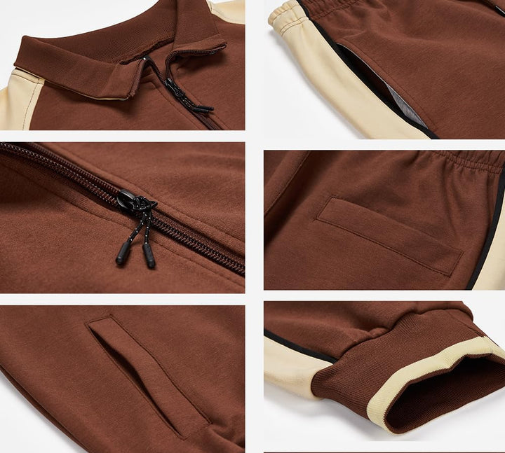 Brauner Trainingsanzug mit cremefarbenen Details, Reißverschluss, Taschen, Sportbekleidung Herren.