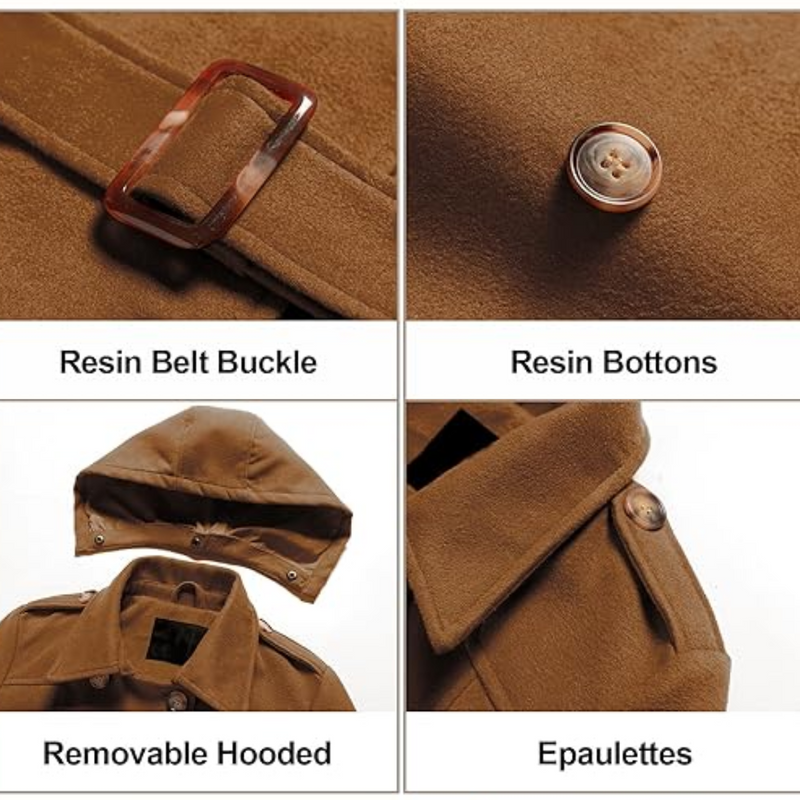 Brauner Trenchcoat mit abnehmbarer Kapuze, Harzknöpfen, Epauletten und Harzgürtelschnalle.