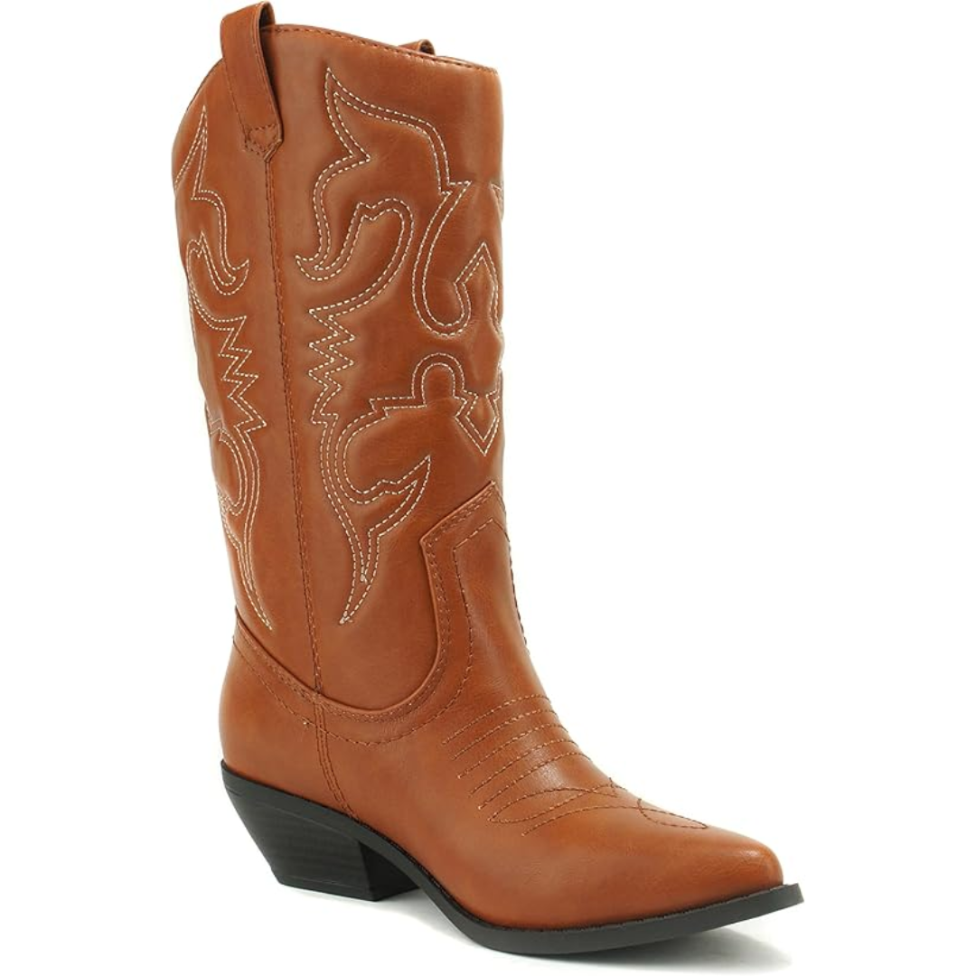 Brauner Cowboy-Stiefel aus Leder mit Stickerei, Western-Design, Damenmode, Herbstschuh.
