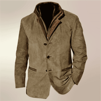 Braune Wildlederjacke für Herren, elegant, mit Knöpfen und Taschen, ideal für Herbstmode.