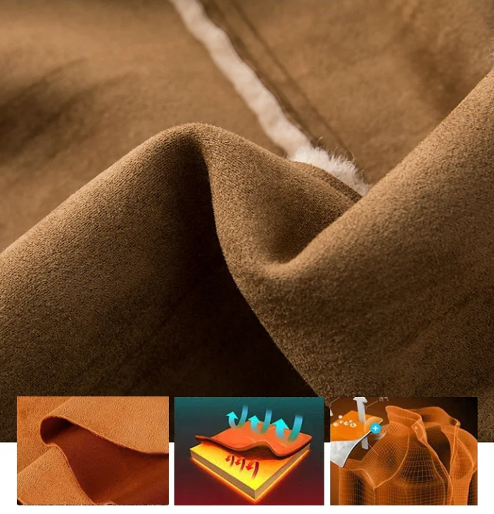 Brauner Wildlederstoff, atmungsaktiv, isolierend, ideal für Winterbekleidung und Accessoires.