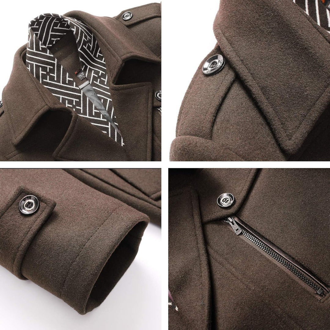 Brauner Wollmantel mit Knöpfen und Reißverschluss, geometrisches Innenfutter, Herrenmode.