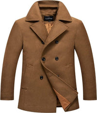 Brauner Herren-Wollmantel, zweireihig, klassischer Stil, Wintermode, warm, elegant.