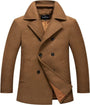 Brauner Herren-Wollmantel, zweireihig, klassischer Stil, Wintermode, warm, elegant.