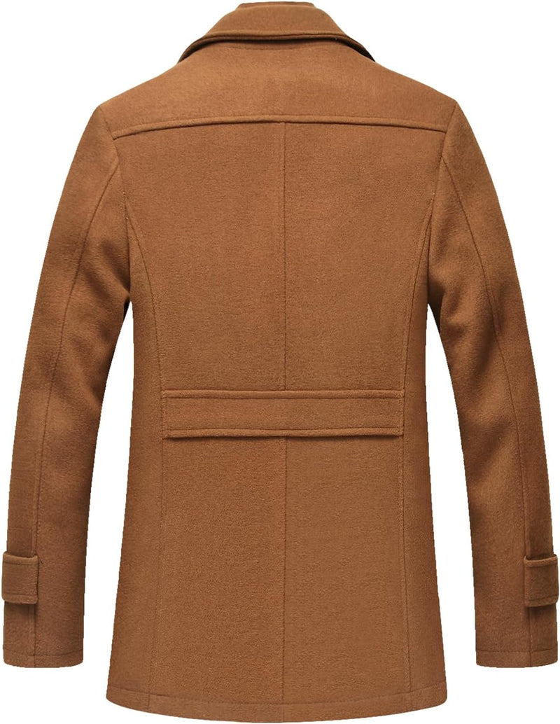 Brauner Herrenmantel aus Wolle, klassischer Schnitt, elegantes Design, Wintermode.