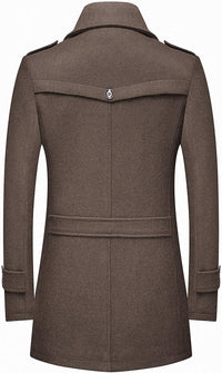 Brauner Herrenmantel aus Wolle, klassischer Schnitt, Rückansicht, elegantes Design, Herbstmode.