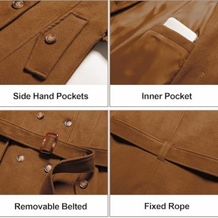 Brauner Mantel mit Seitentaschen, Innentasche, abnehmbarem Gürtel und festem Band.