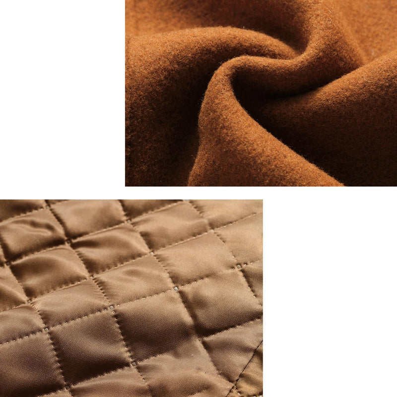 Brauner Wollstoff und gestepptes beiges Futter, Textilstruktur, hochwertige Materialien.