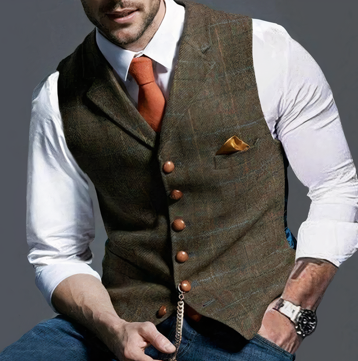Mann in brauner Tweed-Weste, weißem Hemd, orangefarbener Krawatte, eleganter Herrenmode.